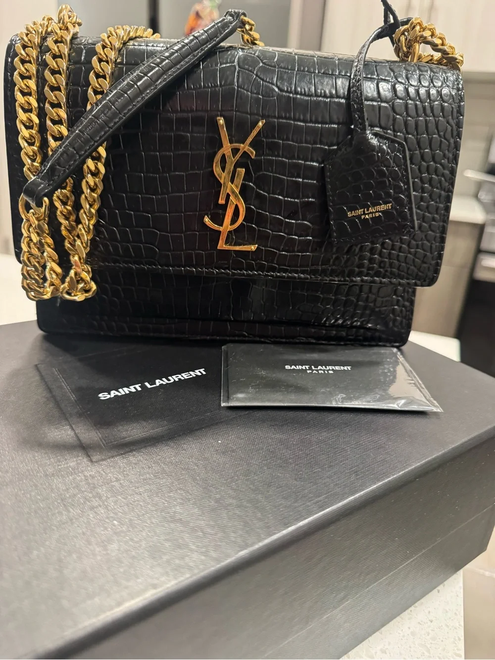 Saint Laurent Sunset Black Croc-Embossed Suede-Trim Shoulder Bag